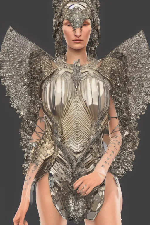 Prompt: a highly detailed 4 k render of a beautiful angel alien goddess bella hadid in iris van herpen dress armor schiaparelli in diamonds and jewelry in style of alphonse mucha trending on artstation made in unreal engine 4