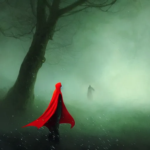 Image similar to ''cinematic shot'' red hooded mage ( spectre ) with leaves falling simetrical 8 k atmosferic realistic, green cape, holding a bell, made by ivan aivazovsky, peter mohrbacher, greg rutkowski volumetric light effect broad light oil painting painting fantasy art style sci - fi art style realism premium prints available artwork unreal engine