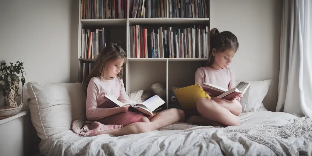 Image similar to girl sitting reading a book in her room, cozy, late afternoon, cinematic