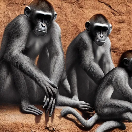 Image similar to Contamporary art photography of ultra mega super hyper realistic detailed group of monkey's that wears suits standing around very highly detailed Obsidian monolith in the desert