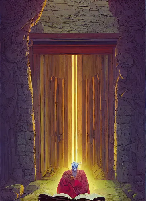 Prompt: an old wizard in robes holding a book standing in front of an elaborate ancient wooden door, beautiful colourful fantasy rendering, William Stout, Simon Stälenhag, ilm, beeple, N.C. Wyeth