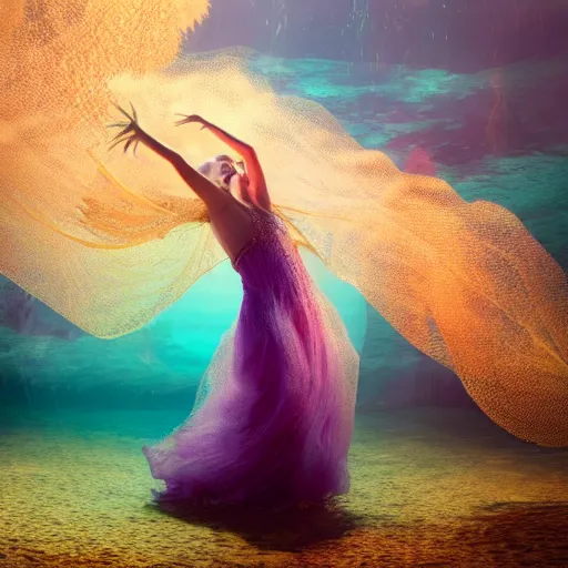Prompt: woman dancing underwater wearing a long flowing dress made of many translucent layers of gold and purple lace seaweed, bolts of bright yellow fish, delicate coral sea bottom, swirling smoke shapes, unreal engine, caustics lighting from above, cinematic, hyperdetailed