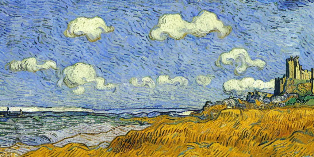 Image similar to bamburgh castle and beach painted by Vincent Van Gogh, wide brush strokes