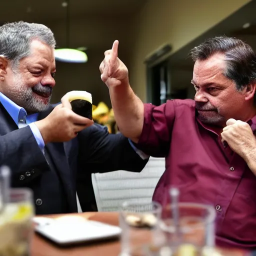 Image similar to Luis Inacio Lula da Silva and Bolsonaro drinking a caipirinha together realistic, 4k image, news, notícia