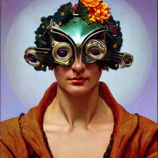 Prompt: a baroque neoclassicist close - up renaissance portrait of an android wearing a carnivale eyemask made from flowers, reflective detailed textures, highly detailed fantasy science fiction painting by moebius, norman rockwell, frank frazetta, and syd mead and john watkiss. art deco shaman. rich colors, high contrast. artstation