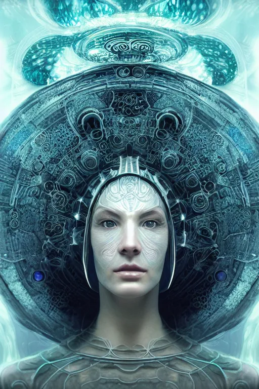 Image similar to a render of an ancient futuristic ethereal being with digital modifications surrounded by a underwater ink pour and flowing liquid gallium and complex sacred geometry, powerful, cinematic, beautifully lit, perfect face, by john howe, by beeple, by artgerm, by karol bak, by brian froud, 3 d, trending on cgsociety, octane render, 8 k