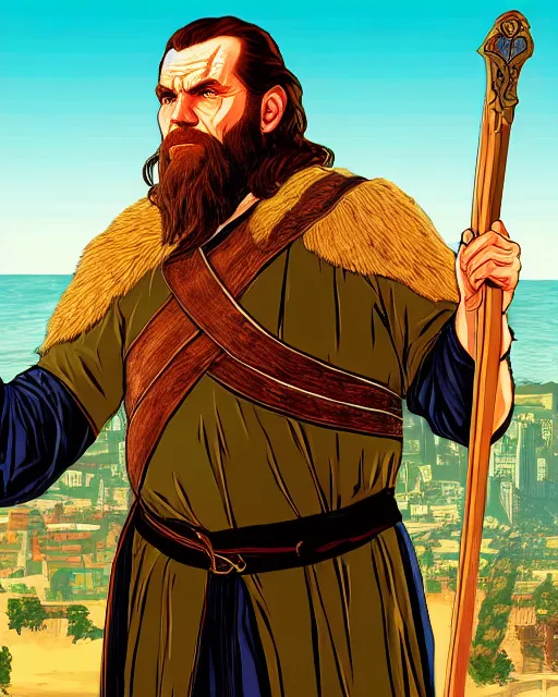 Prompt: Gimli from Lord of the rings in GTA V, Cover art by Stephen Bliss, boxart, loading screen, 8K resolution