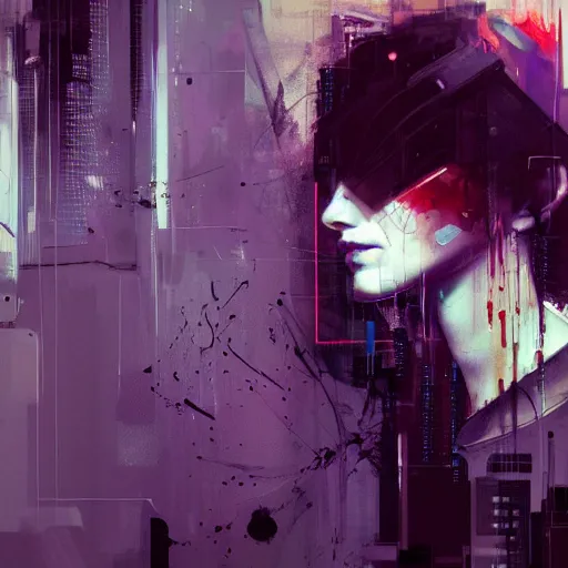 Image similar to beautiful young cyberpunk noir woman vr dreaming of a nightmare glitchcore world of wires, and machines, by jeremy mann, francis bacon and agnes cecile, and dave mckean ink drips, paint smears, digital glitches glitchart