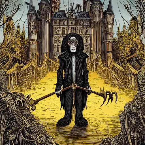 Image similar to gothic, nosferatu somber, hyperdetailed by dan mumford. a computer art that features a chimpanzee surrounded by a castle turret. the chimp is shown wearing a crown & holding a scepter, & the castle is adorned with banners.