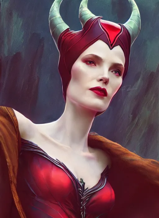 Image similar to scarlet witch as maleficent, naturel, hyper detailed, digital art, trending in artstation, cinematic lighting, studio quality, smooth render, unreal engine 5 rendered, octane rendered, art style by klimt and nixeu and ian sprigger and wlop and krenz cushart