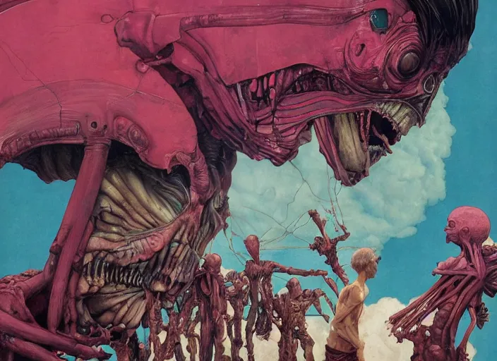 Prompt: attack on titan by francis bacon, surreal, norman rockwell, greg hildebrandt, triadic color scheme, by greg rutkowski, exotic vegetation, tristan eaton, victo ngai, complimentary color, pink and teal and orange, a still from the film alien, beksinski, hyperrealism