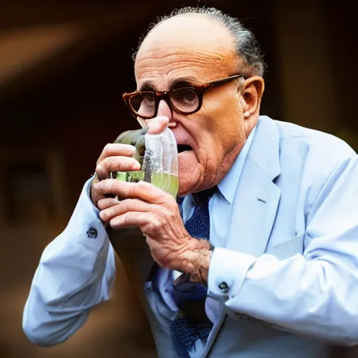 Image similar to news still of a drunk rudy giuliani holding a bottle, 4 k, professional