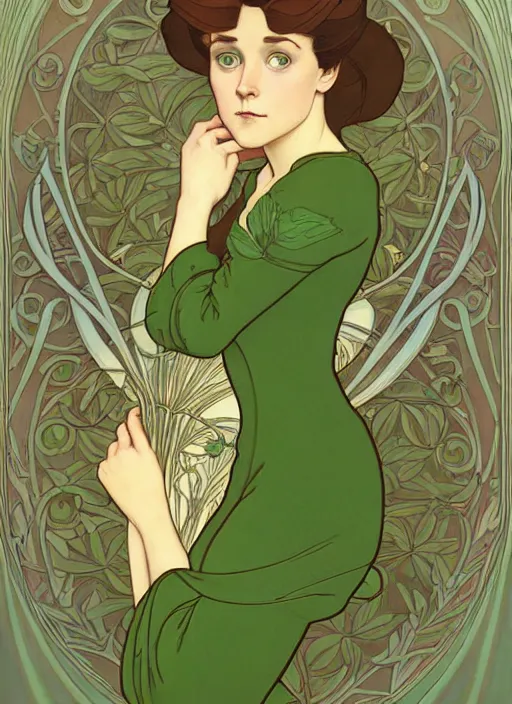 Prompt: art nouveau portrait of a pretty young girl with short light brown hair, light green eyes, sad expression, scared, head down, shy and demure, natural lighting, path traced, highly detailed, high quality, cartoon, digital painting, by don bluth and ross tran and studio ghibli and alphonse mucha