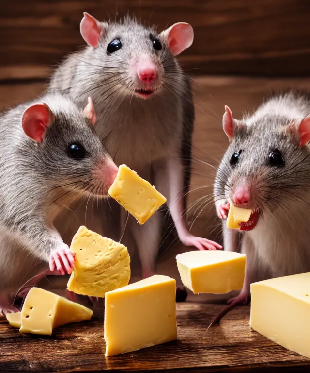 Image similar to high quality presentation photo of vicious anthropomorphic rats with sharp teeth eating cheese, photography 4k f1.8 anamorphic bokeh 4k Canon Nikon