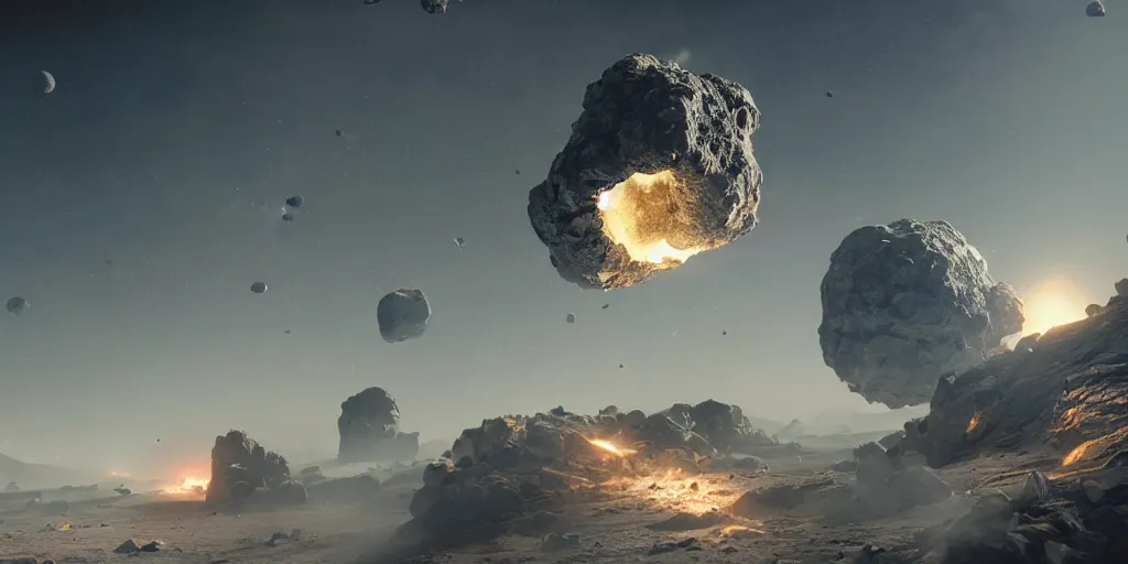 Image similar to huge asteroid destroying the moon, a lot of flying debris, greg rutkowski, 8 k, shallow depth of field, ultra high detail, concept art,