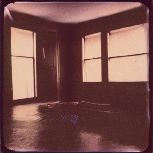 Image similar to flooded room in a house from the 8 0 s, unsettling, liminal space, liminal, old polaroid, expired film,