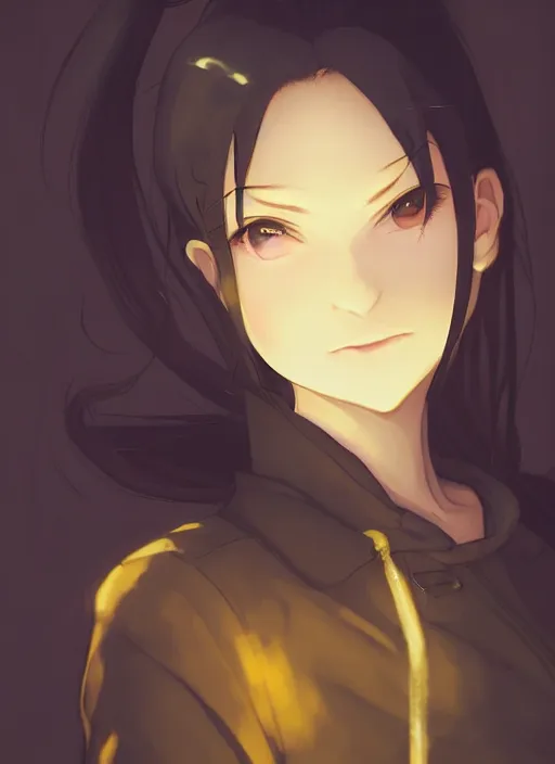 Image similar to black ponytail hair, pale woman in a black zipper jacket, yellow eyes, by artgerm, hair tied in a ponytail, white backdrop, soft lighting, night scene, by greg rutkowski makoto shinkai takashi takeuchi