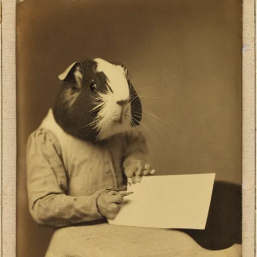 Prompt: a 1 9 th century photograph of a guinea pig writing a letter