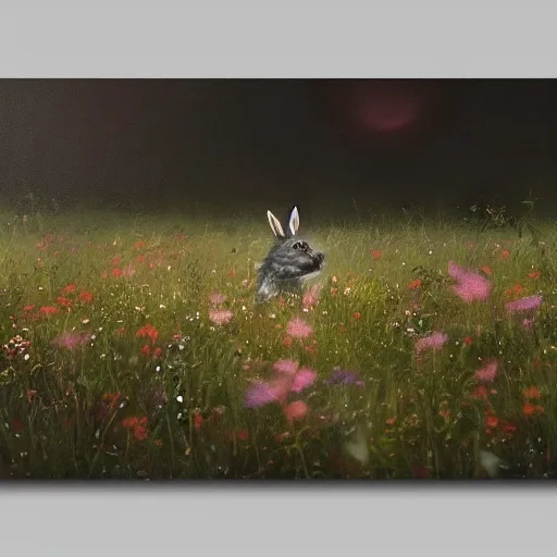 Prompt: A werewolf bunny transforming in a field of flowers. Academic painting by Greg Rutkowski, Mobile still frame. 4K UHD