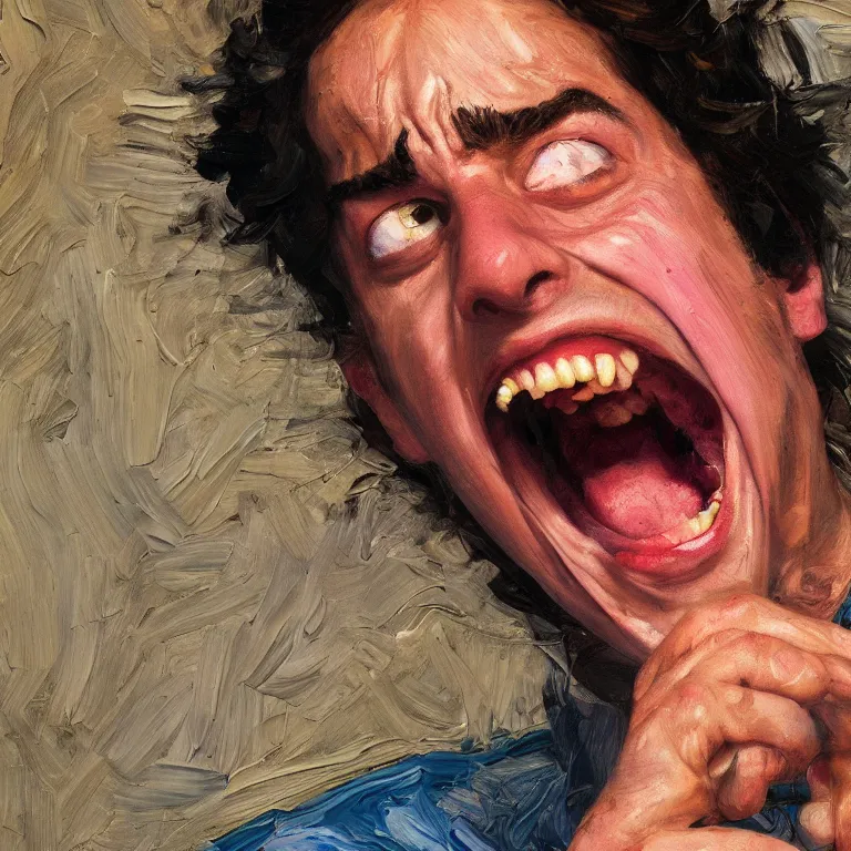 Image similar to warmly lit close up studio portrait of young angry!! screaming teenage Jerry Seinfeld furious!, impasto oil painting thick brushstrokes by Lucian Freud and Cy Twombly and Tim Hawkinson , trending on artstation dramatic lighting Expressionism