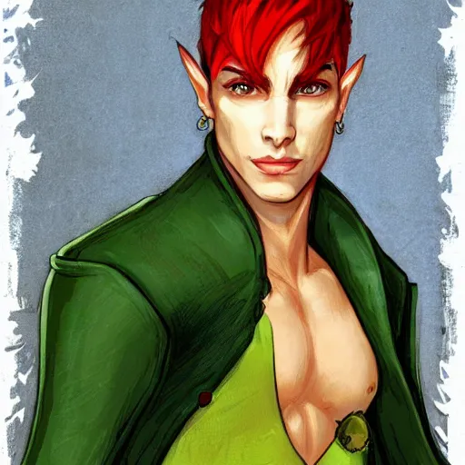 Image similar to D&D portrait male half elf artificer, red hair shaved on the sides, white coat, sharp face, green eyes digital illustration by terese nielsen