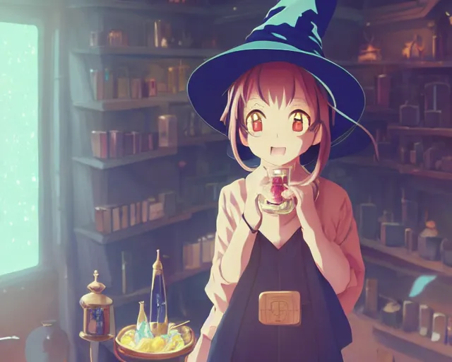 Prompt: anime visual, portrait of a young female traveler wearing a witch hat in a alchemist's potion shop interior, cute face by yoh yoshinari, katsura masakazu, cinematic luts, cold colors, dynamic pose, dynamic perspective, strong silhouette, anime cels, ilya kuvshinov, crisp and sharp, rounded eyes, moody