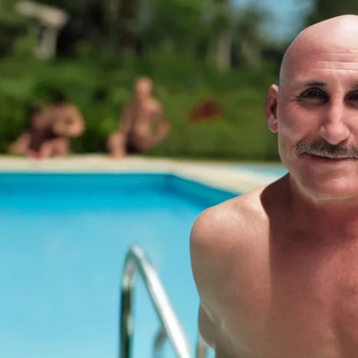 Prompt: close - up of emilio estevez completely bald with a pool and a house in the background