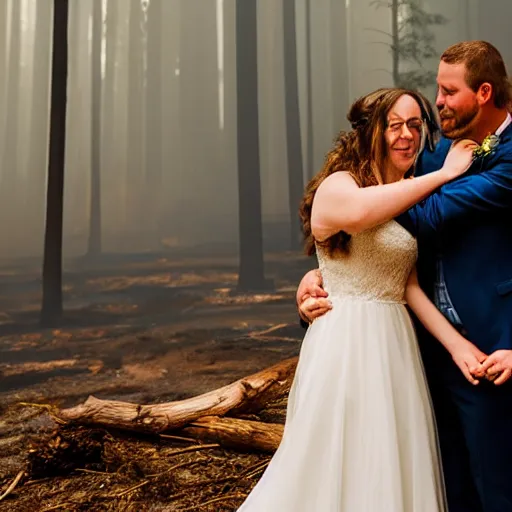 Prompt: a bride and groom embrace in the middle of a raging forest fire, wedding photo