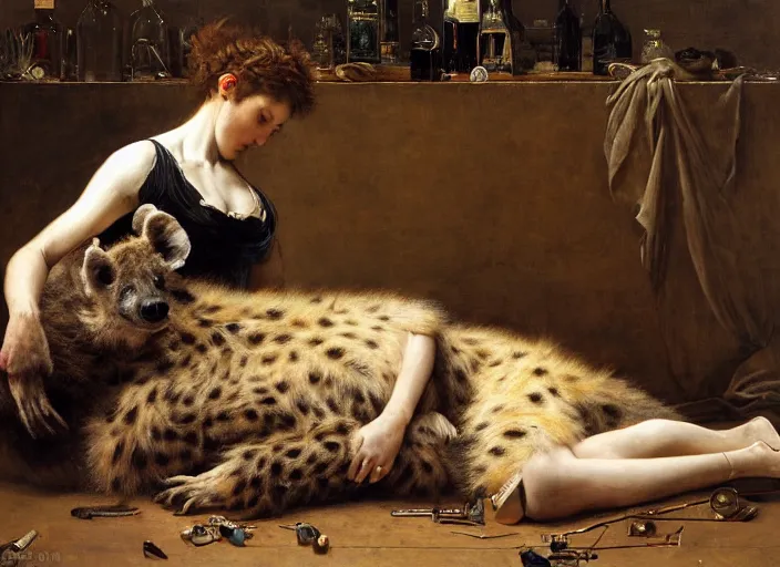 Image similar to an exhausted hyena girl in her studio with a bottle of whisky, fluffy, furry pelt, furry body. highly detailed painting by edgar maxence and caravaggio and michael whelan and delacroix style, artistic, intricate drawing, cinematic lighting, hyper realistic, extremely detailed, establishing shot, 8 k resolution, dramatic lighting