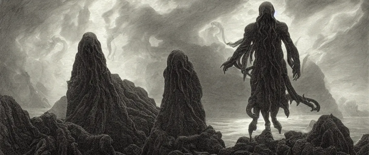 Image similar to an engraving portrait of cthulhu, caspar david friedrich, foggy, depth, strong shadows, stormclouds, illuminated focal point, highly detailed