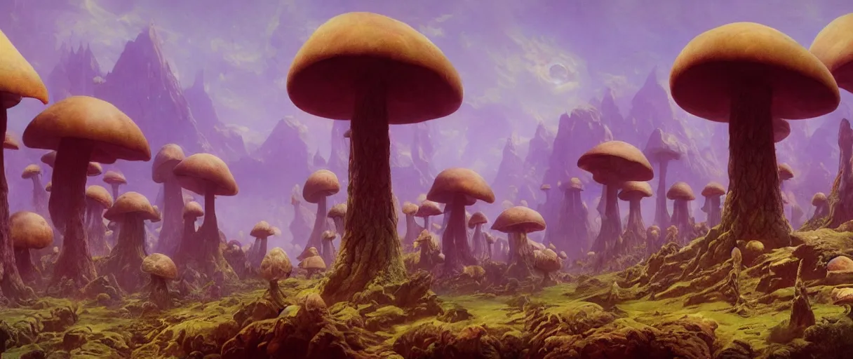 Prompt: A strange giant mushroom biome and on an alien science-fiction planet, beautiful matte painting, Moebius, frank frazetta, sid mead, james gurney, thomas kinkade, rodney mathews, trending on artstation