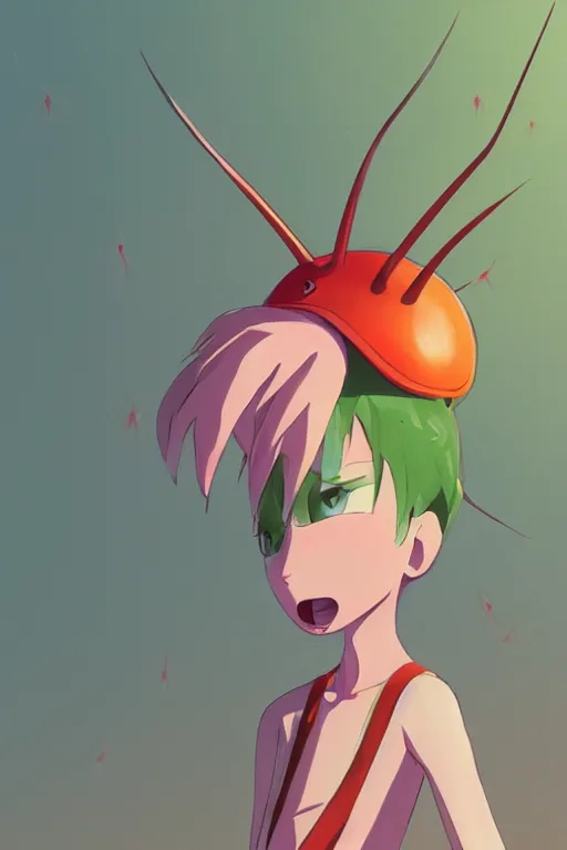 Image similar to light pink mosquito with a long pointy red nose, a green mohawk and green eyebrows wearing a yellow and orange striped t - shirt, digital art, art by makoto shinkai, trending on artstation