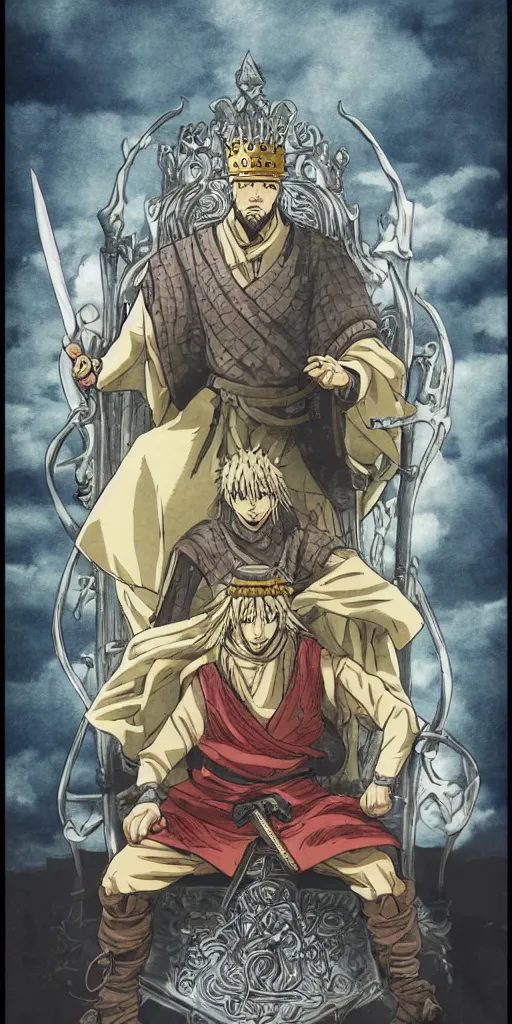 Image similar to a king on a throne drawn by Makoto Yukimura in the style of Vinland saga anime, full color