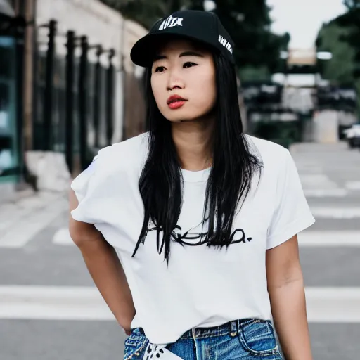 Prompt: street photography, asian woman wearing a black baseball cap and a white t shirt and high waisted mom jeans and white sneakers