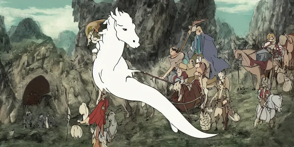 Prompt: war, horses, knights, king, a magical palace on a mountain, a white dragon spirit flying in the sky, miyazaki's animated film, ghibli studio, spirited away, princess mononoke,