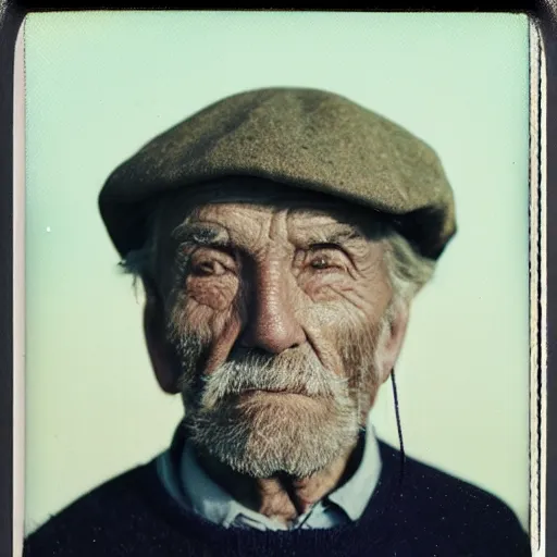 Prompt: polaroid photo of an older man, about 7 0 years old, with wrinkles on his face, looking towards infinity with a sad look, a two - day beard and a woolen cap while his lips are chapped by the sun, as well as his dark complexion