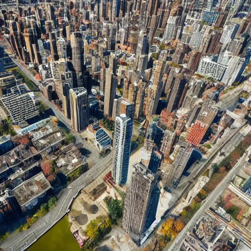 Prompt: top down aerial view of dilapidated manhatten in real life, desolate with zombies, dilapidated, zombies in the streets, nightmarish, some rusted style parked vehicles, sunny weather, few clouds, volumetric lighting, photorealistic, daytime, autumn, sharp focus, ultra detailed, cgsociety