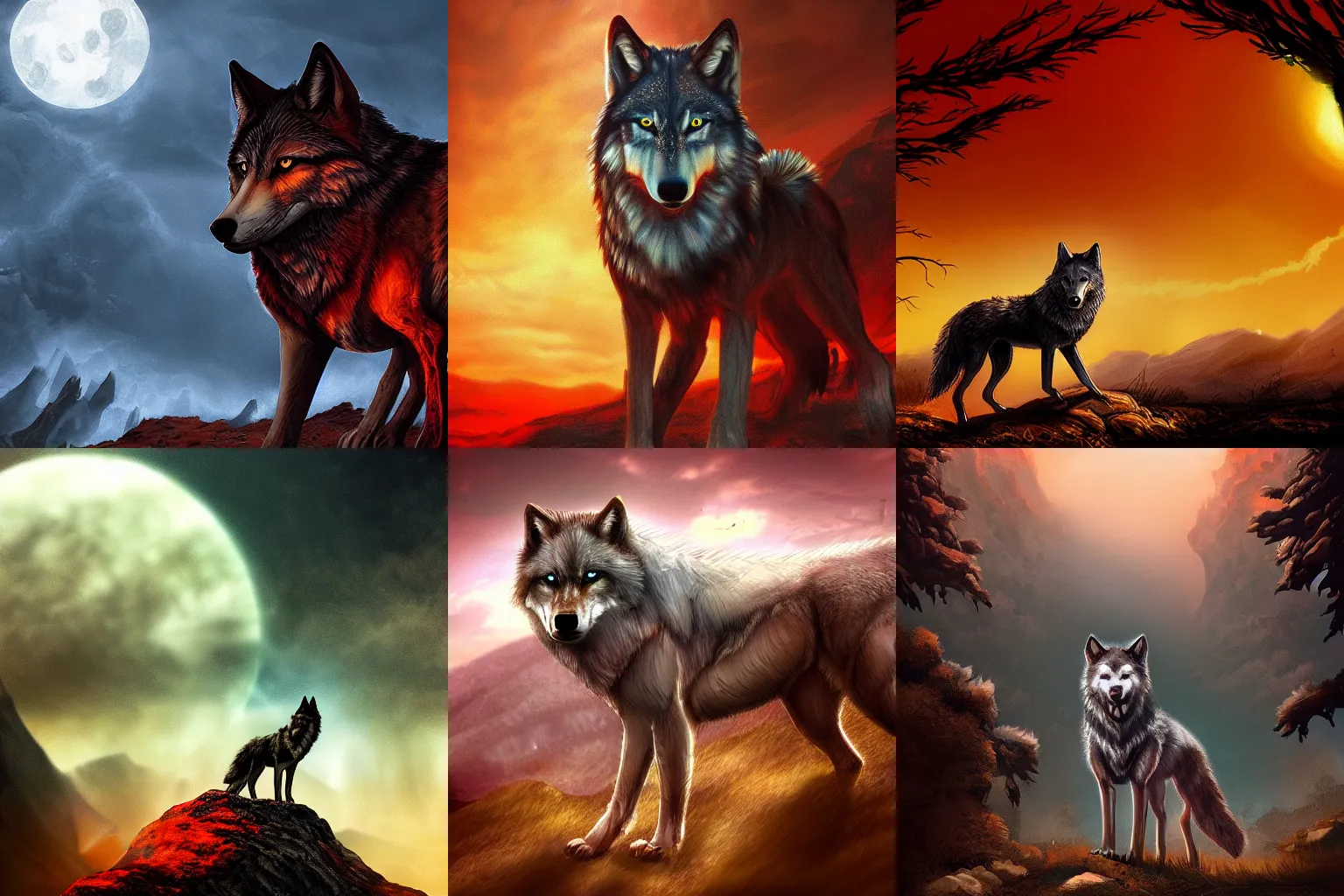 Prompt: Wolf on a hellish landscape, beautiful, hot, trending on artstation