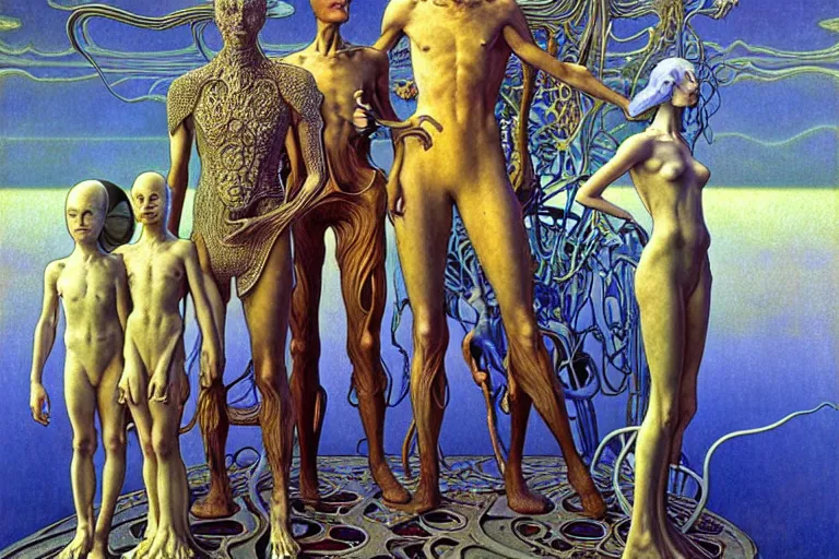 Prompt: realistic extremely detailed portrait painting family photo, futuristic sci-fi landscape with a statue on background by Jean Delville, Amano, Yves Tanguy, Alphonse Mucha, Ernst Haeckel, Edward Robert Hughes, Roger Dean, rich moody colours, silver hair and beard, blue eyes