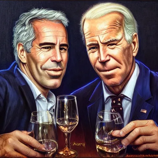 Image similar to Beautiful face Portrait of Jeffrey Epstein and Joe Biden drinking together, powerful , magic, thunders, dramatic lighting, intricate, wild, highly detailed, digital painting, artstation, concept art, smooth, sharp focus, illustration, art by artgerm and greg rutkowski and alphonse mucha, footage from space camera