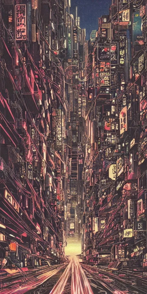 Image similar to beautiful and detailed anime drawing of an AKIRA-like cyberpunk city landscape with light trail from a motorcycle at the bottom and a bridge silhouette at the top, japan at night, 1980s, by Katsuhiro Otomo and mamoru oshii, wide angle, worm\'s eye view, grand, clean, colorful