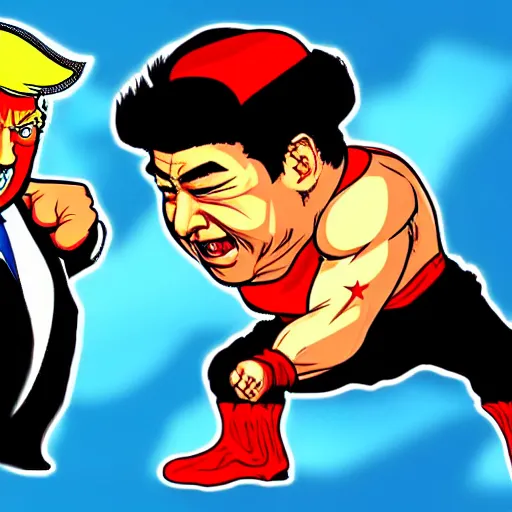 Prompt: xi jinping vs donald trump, street fighter, fight, fistfight, digital art, cartoon style