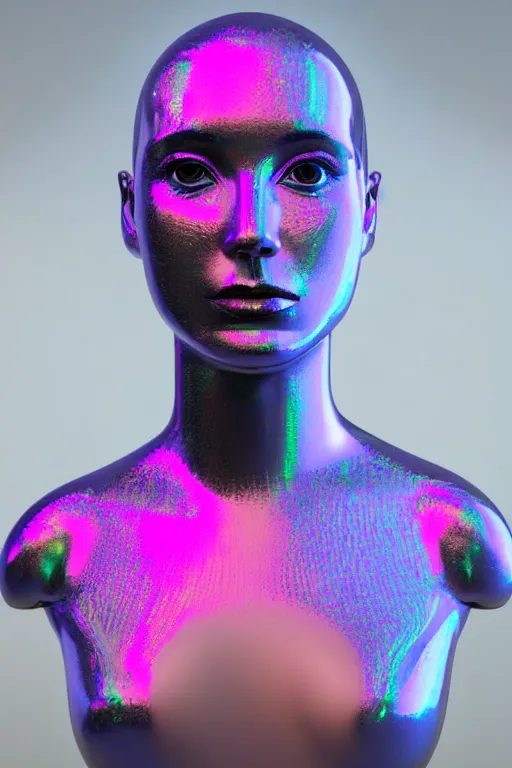 Image similar to 3d render of holographic human robotic bust made of glossy iridescent, bust, surrealistic 3d illustration of a human non-binary, non binary model, 3d model human, cryengine, made of holographic texture, holographic material, holographic rainbow, concept of cyborg and artificial intelligence