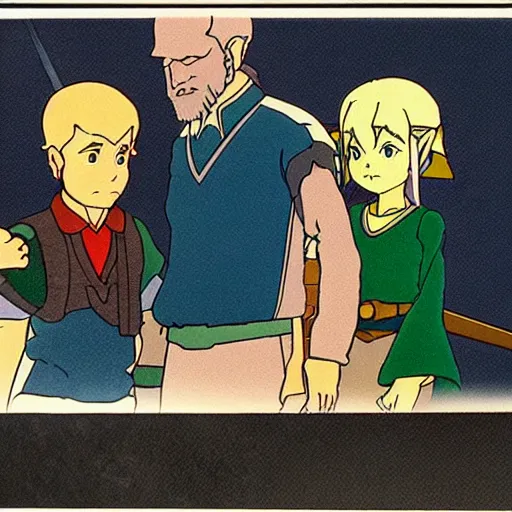 Prompt: cel - shaded image of joe biden legend of zelda, studio ghibli animation cel