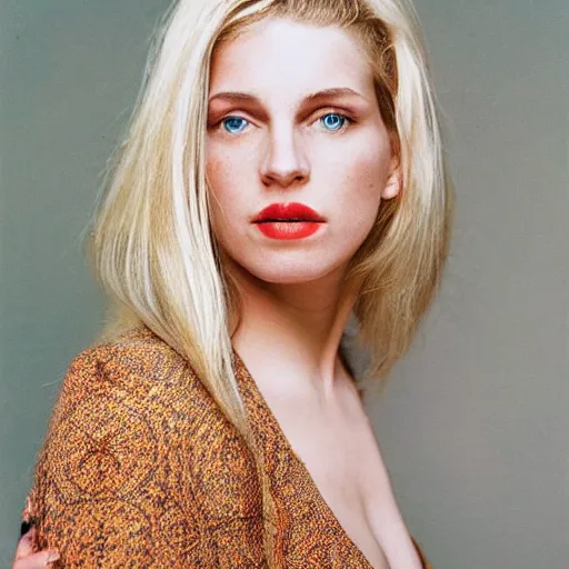 Prompt: portrait photograph by annie leibovitz of olive skinned blonde female in her twenties wearing designer clothes