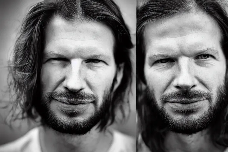 Image similar to aphex twin close - up, portrait photography, beautiful face, stunning photography, soft lighting, film, facial hair