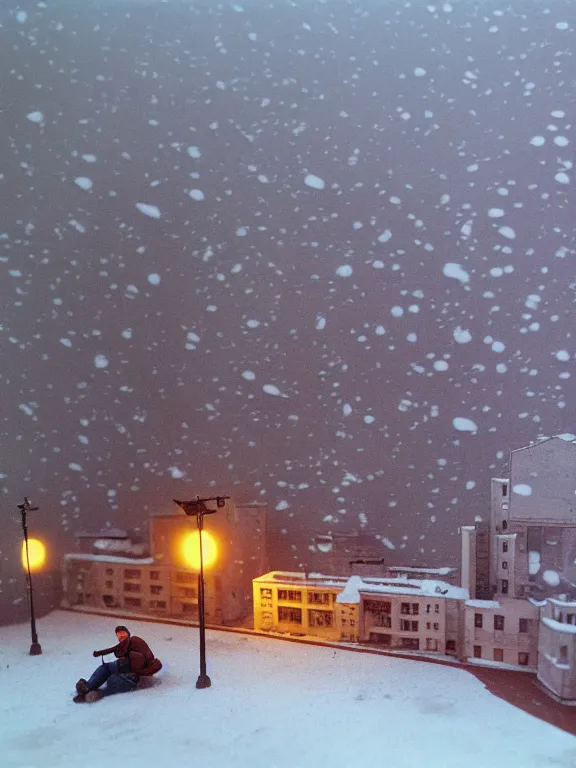 Image similar to mega detailed miniature diorama a soviet residential building, brutalism architecture, suburban, warm lights are on in the windows, man lies in the snow, dark night, fog, winter, blizzard, cozy and peaceful atmosphere, row of street lamps with warm orange light, several birches nearby, 1 9 9 0