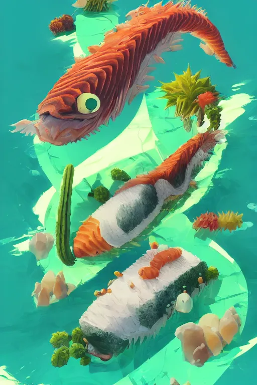 Image similar to 3 d render creature animal sushi cristal very big eye roots cactus elemental flush of force nature micro world fluo fishscale, comics gta 5 cover, official fanart behance hd artstation by jesper ejsing, by rhads, makoto shinkai and lois van baarle, ilya kuvshinov, ossdraws