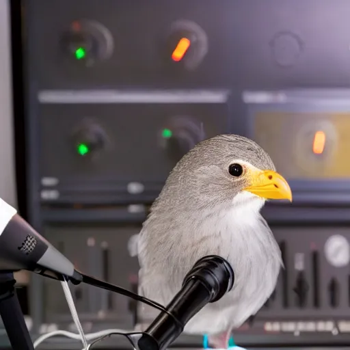 Image similar to A photograph of a bird wearing headphones and speaking into a high-end microphone in a recording studio.