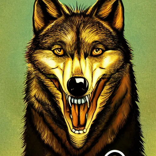 Image similar to portrait of retarded wolf, retard, rabies propaganda style, vivid colors, detailed